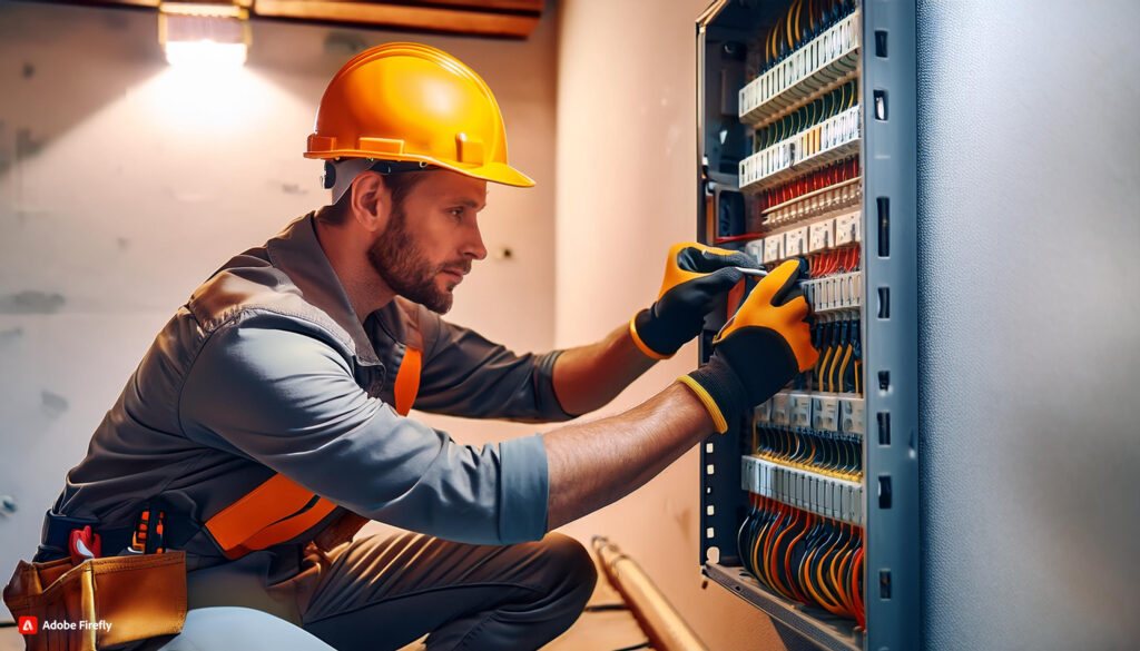 A professional electrician installing a electrical panel in client home